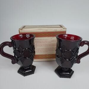 Pair Vintage Avon Cape‎ Cod 1876 Ruby Red Glass Pedestal Mugs In Box Christmas